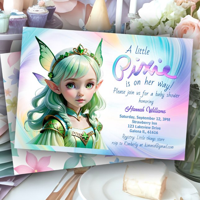 St Patricks Day Baby Shower Leprechaun Girl Celtic Invitation (St. Patrick's Day rainbow baby shower invitation with cute Celtic girl in green Irish fairy dress)