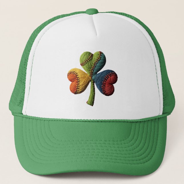 St. Patrick's Day Baseball Lucky Clover Yarn Art Trucker Hat (Front)