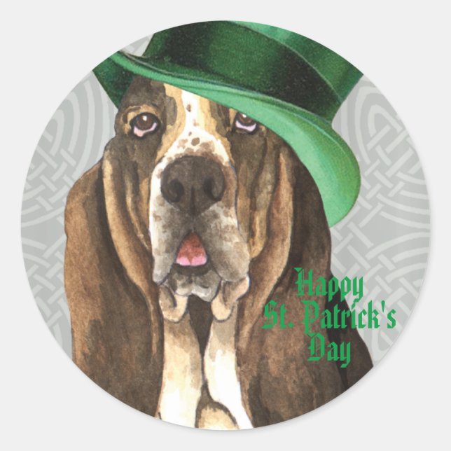 St. Patrick's Day Basset Classic Round Sticker (Front)