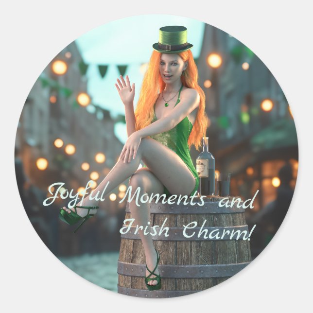 St Patrick's Day Beauty Sitting on a Barrel Classic Round Sticker (Front)