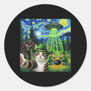 St Patricks Day Bigfoot Leprechaun Cat UFO Funny Classic Round Sticker