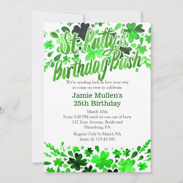 St. Patrick's Day Birthday Bash Watercolor Invitation (Front)