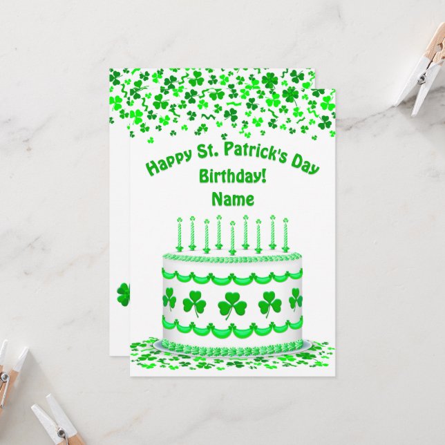 St Patrick's Day Birthday Cake Custom Candles Flat Card (Front/Back In Situ)