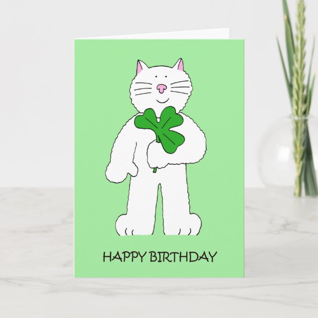 St Patrick's Day Birthday Cat With Shamrock Card (Front)