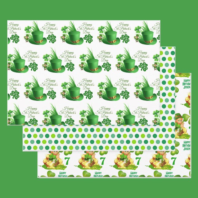 St. Patrick's Day Birthday Custom Name & Age 3 Wrapping Paper Sheet (Creator Uploaded)