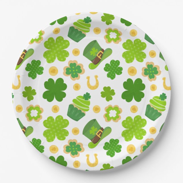 St. Patrick's Day Birthday Lucky Shamrocks Pattern Paper Plate (Front)