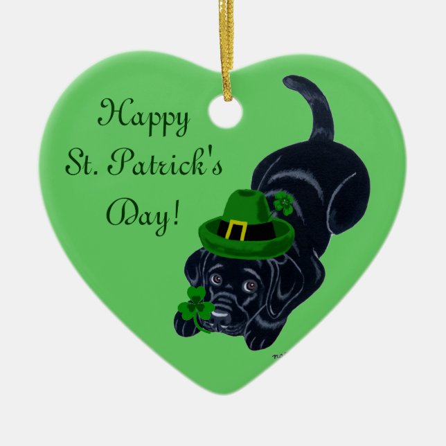St. Patrick's Day Black Labrador Puppy Ceramic Tree Decoration (Front)