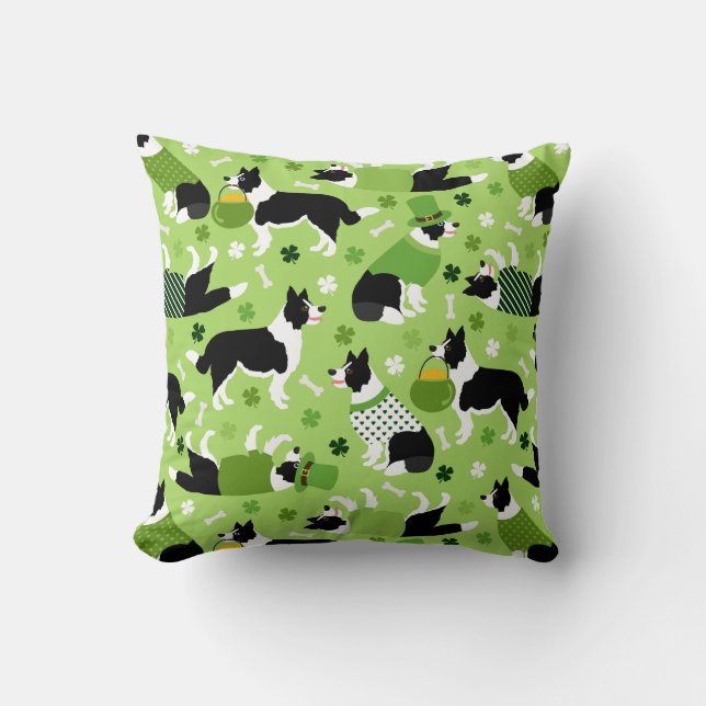 St. Patrick's Day Border Collie Pattern Cushion (Front)