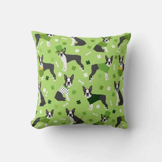 St. Patrick's Day Boston Terrier Cushion (Front)