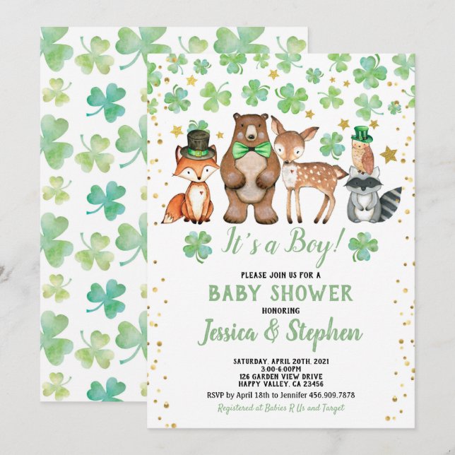 St Patrick's Day Boy Baby Shower Shamrock Animals Invitation (Front/Back)