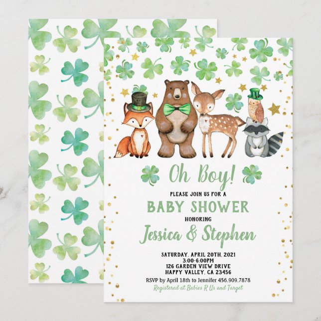 St Patrick's Day Boy Baby Shower Shamrock Animals Invitation (Front/Back)