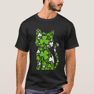 St Patrick's Day Cat Clovers Green White T-Shirt