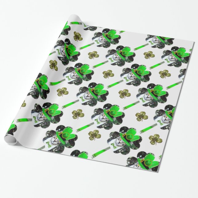 ST PATRICK'S DAY CAT,LEPRECHAUN HAT AND SHAMROCKS WRAPPING PAPER (Unrolled)