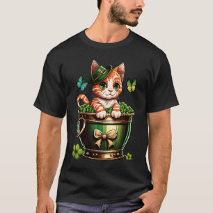 St Patricks Day Cat Leprechaun Hat Pot of Gold Sha T-Shirt