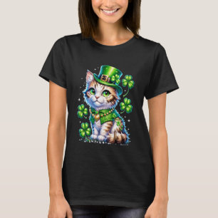 St Patricks Day Cat Leprechaun Hat Shamrock Girls T-Shirt
