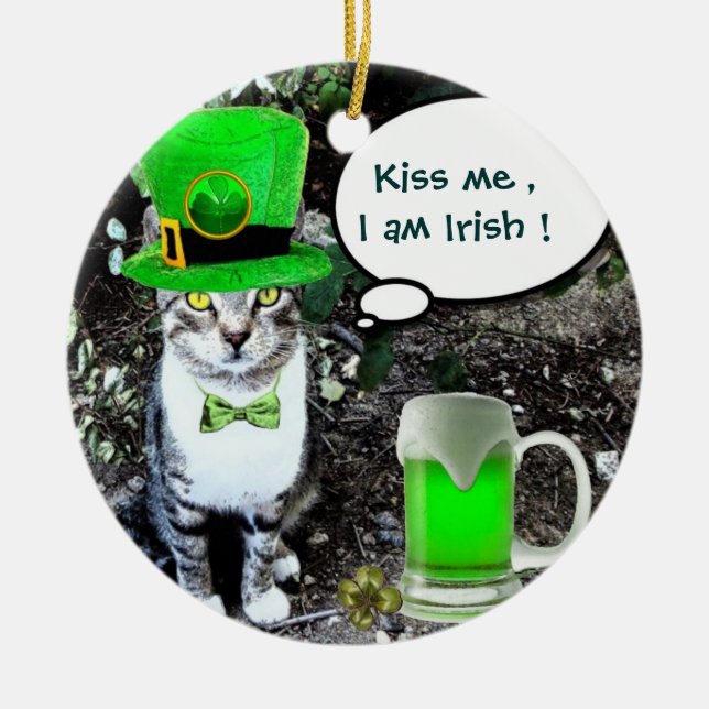 ST PATRICK'S  DAY CAT  WITH GREEN IRISH BEER CERAMIC TREE DECORATION (Front)