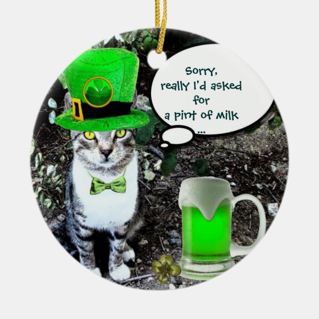 ST PATRICK'S  DAY CAT  WITH GREEN IRISH BEER CERAMIC TREE DECORATION (Front)