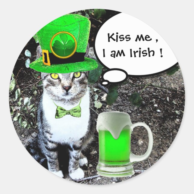 ST PATRICK'S  DAY CAT  WITH GREEN IRISH BEER CLASSIC ROUND STICKER (Front)
