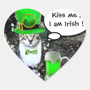 ST PATRICK'S  DAY CAT  WITH GREEN IRISH BEER Heart Sticker