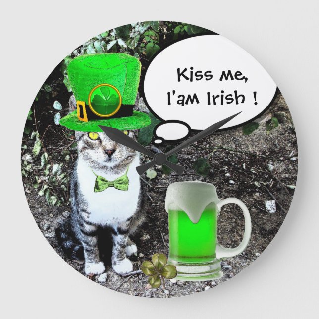 ST PATRICK'S DAY CAT WITH GREEN IRISH BEER LARGE CLOCK (Front)