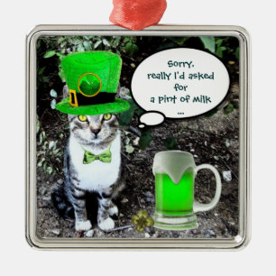 ST PATRICK'S  DAY CAT  WITH GREEN IRISH BEER METAL TREE DECORATION