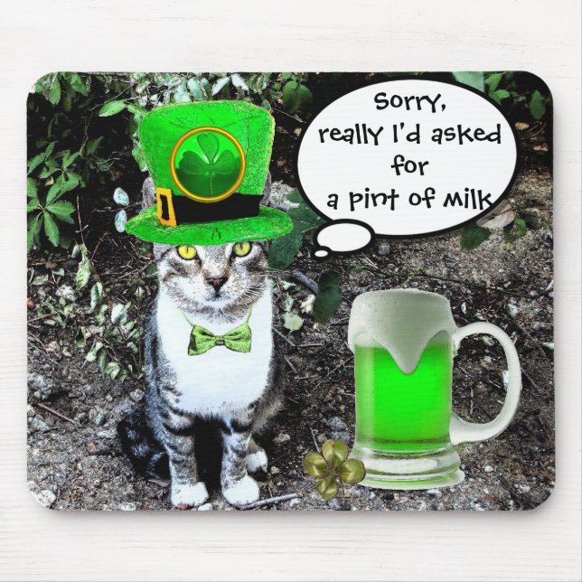 ST PATRICK'S  DAY CAT  WITH GREEN IRISH BEER MOUSE MAT (Front)
