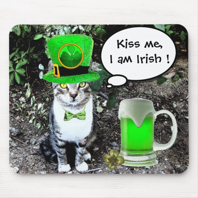 ST PATRICK'S  DAY CAT  WITH GREEN IRISH BEER MOUSE MAT (Front)