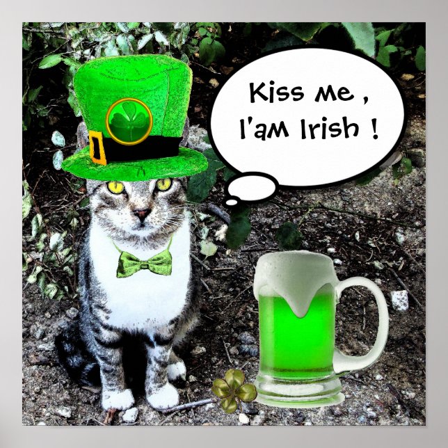 ST PATRICK'S  DAY CAT  WITH GREEN IRISH BEER POSTER (Front)