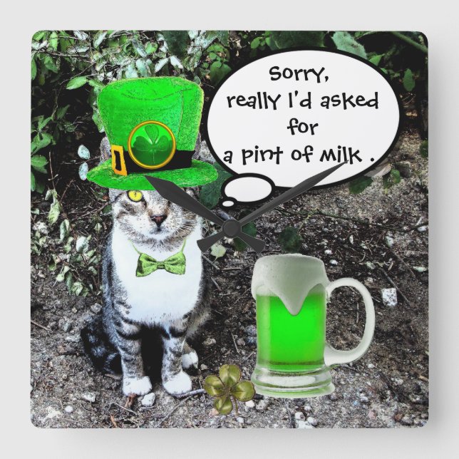 ST PATRICK'S DAY CAT WITH GREEN IRISH BEER SQUARE WALL CLOCK (Front)