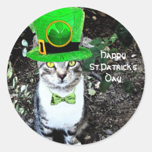 ST PATRICK'S  DAY CAT  WITH LEPRECHAUN HAT CLASSIC ROUND STICKER
