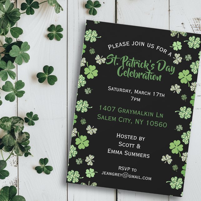St Patrick's Day Celebration Black Shamrock Clover Invitation (Creator Uploaded)