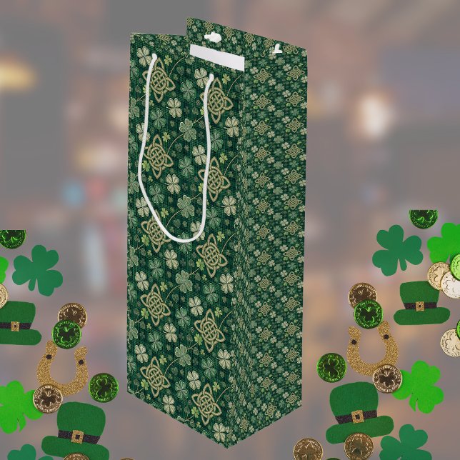 St Patrick's Day Celtic Knot 4 Leaf Clover Plaid Wine Gift Bag (Creator Uploaded)