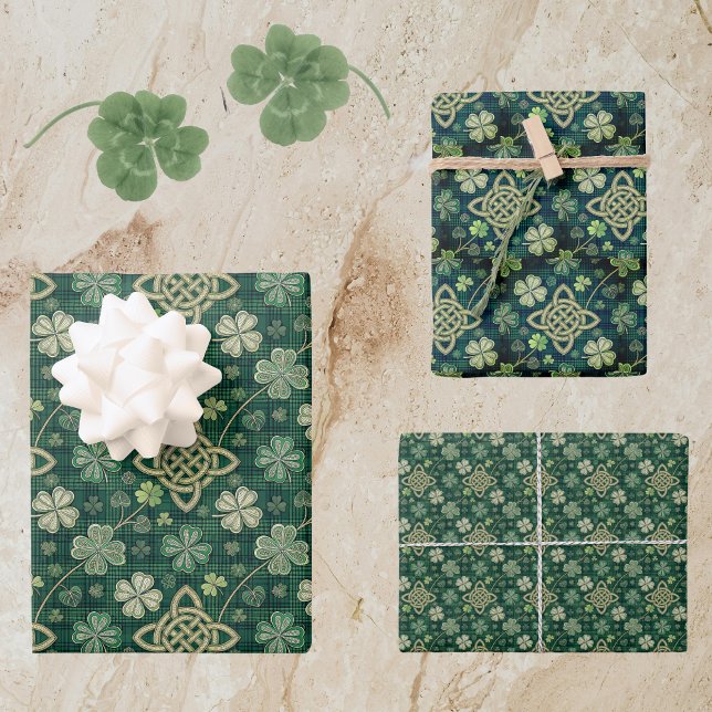St Patrick's Day Celtic Knot 4 Leaf Clover Plaid Wrapping Paper Sheet (Creator Uploaded)
