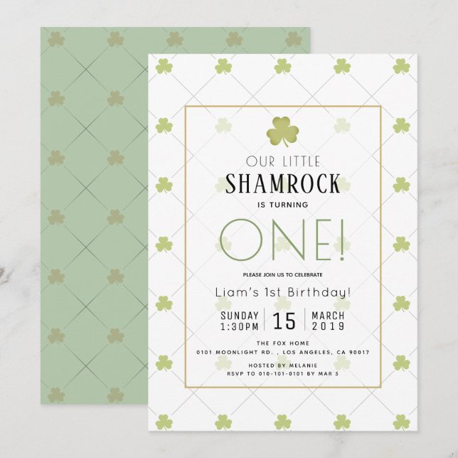 St. Patrick's Day Clean Green 1st Birthday Invitation (Front/Back)