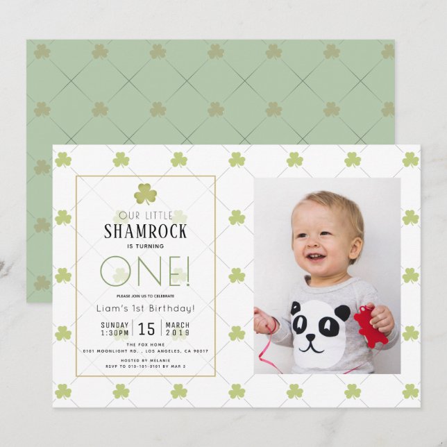 St. Patrick's Day Clean Green Photo1st Birthday Invitation (Front/Back)