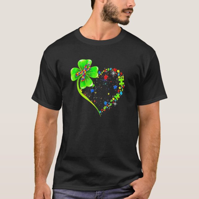 St Patricks Day Clover Autism Funny Autism Awarene T-Shirt (Front)