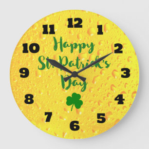 St. Patrick's Day - Clover on a Beer Backdrop Large Clock