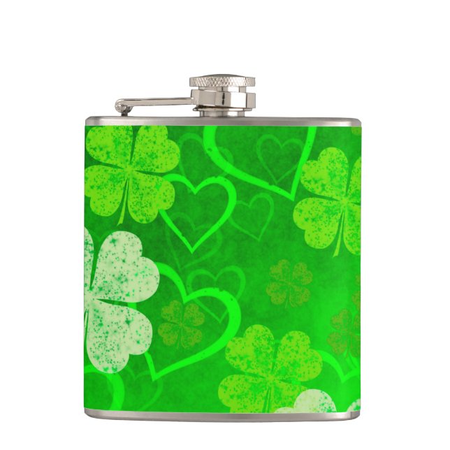 St. Patrick's Day Clovers and Hearts Hip Flask (Front)