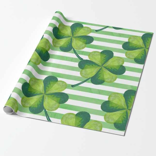 St. Patrick's Day Clovers Trendy Stripes Wrapping Paper (Unrolled)
