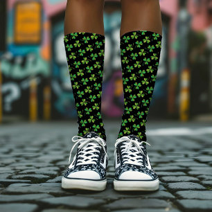St Patricks Day Cool Shamrock Pattern Green Black Socks