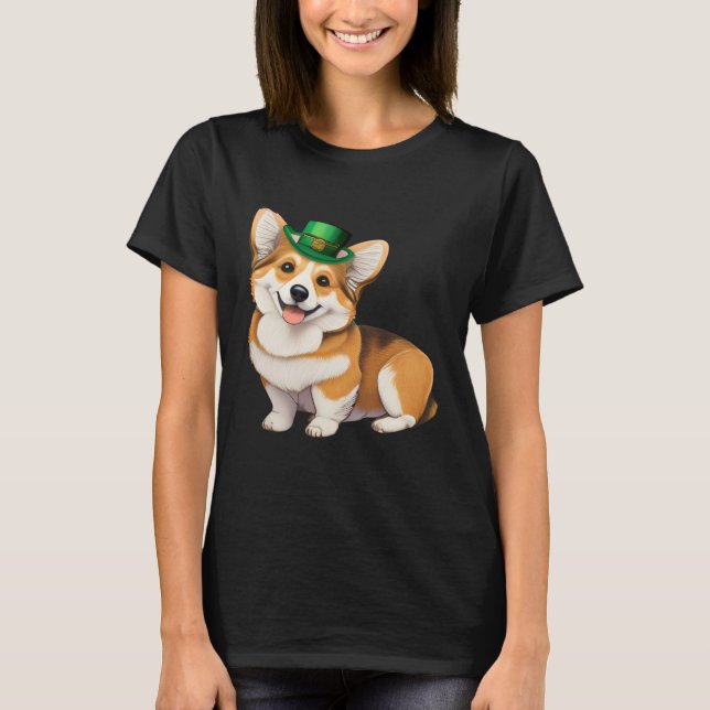 St Patrick's Day Corgi Dog Irish Shamrock Leprecha T-Shirt (Front)