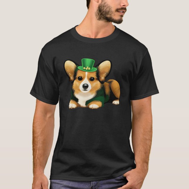 St Patrick's Day Corgi Dog Irish Shamrock Leprecha T-Shirt (Front)