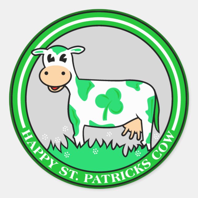 St. Patrick's Day Cow Shamrock Classic Round Sticker (Front)