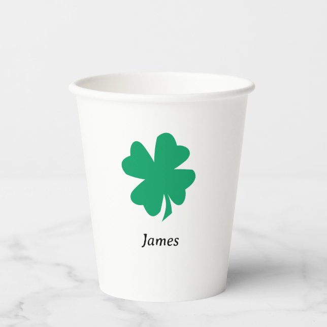 St Patricks Day Custom Name Monogram Shamrock Leaf Paper Cups (Front)