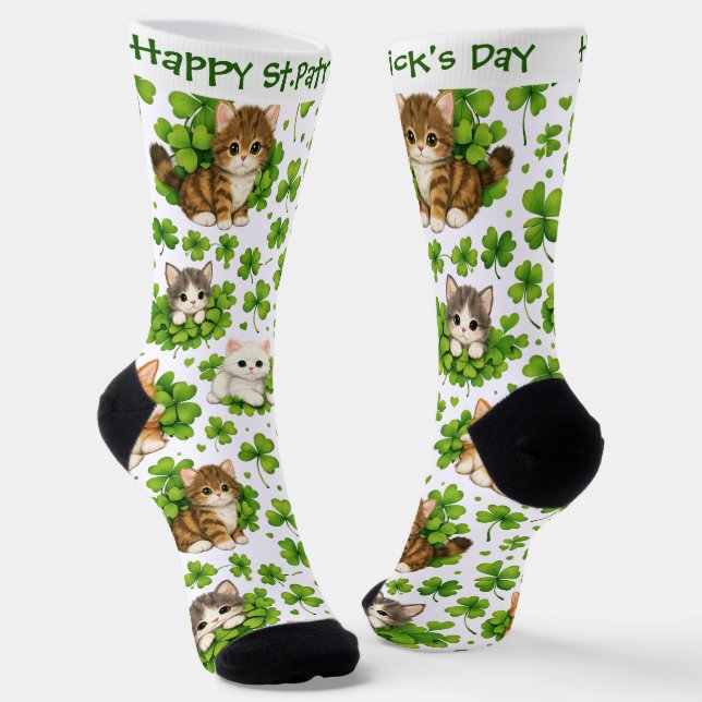 St. Patrick's Day Cute Kitten & Shamrock Cat Lover Socks (Angled)
