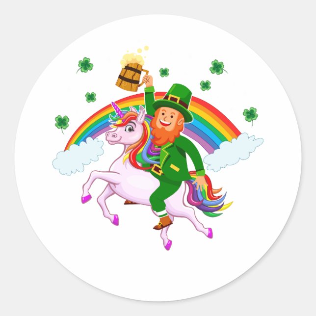 St. Patrick's Day Cute Leprechaun Riding Unicorn Classic Round Sticker (Front)