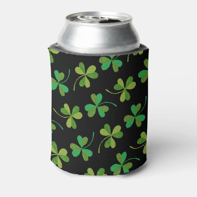 St Patricks Day Cute Shamrock Pattern Green Black Can Cooler (Can Back)