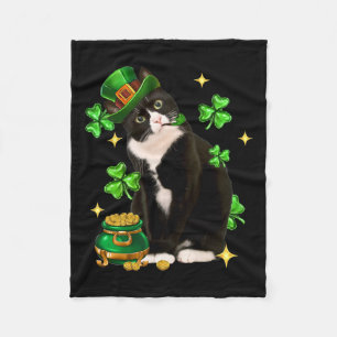 St Patricks Day Cute Tuxedo Cat Shamrock Irish Cat Fleece Blanket