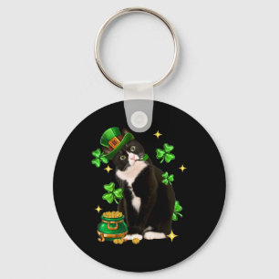 St Patricks Day Cute Tuxedo Cat Shamrock Irish Cat Key Ring