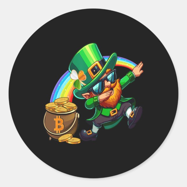 St Patricks Day Dabbing Bitcoin Rainbow Leprechaun Classic Round Sticker (Front)